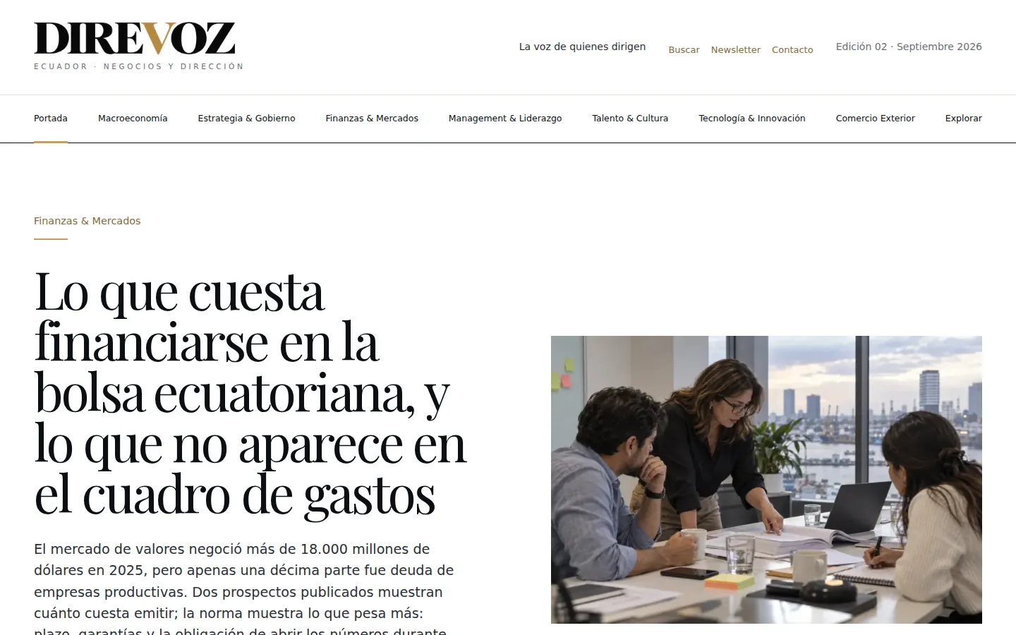 Portada de direvoz.com: cabecera con las secciones de la revista y el análisis de apertura de la edición.