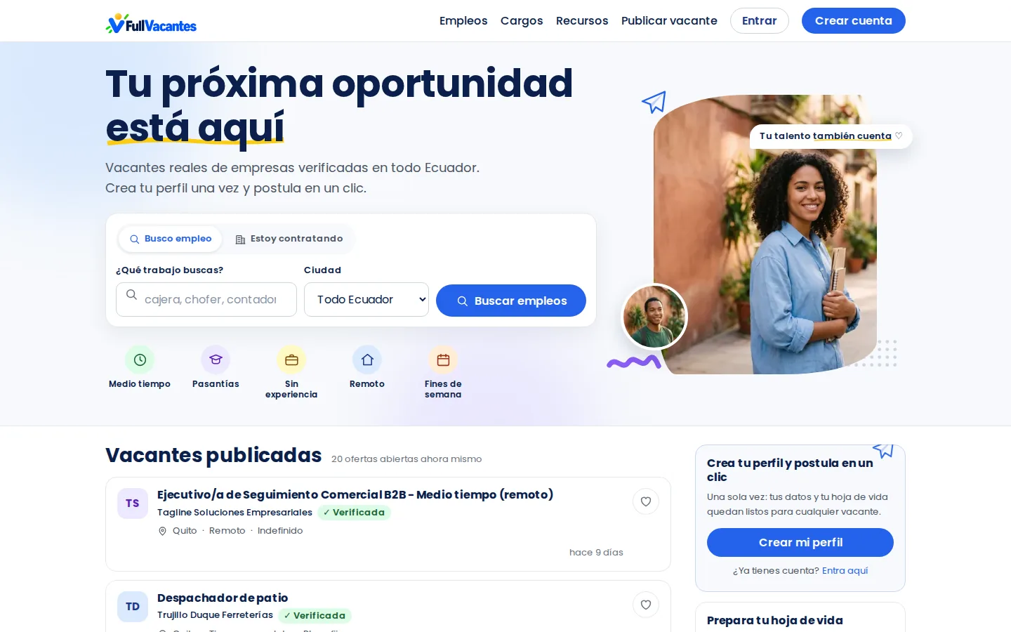 Portada de fullvacantes.com: buscador de empleo por cargo y ciudad, categorías rápidas y vacantes publicadas.
